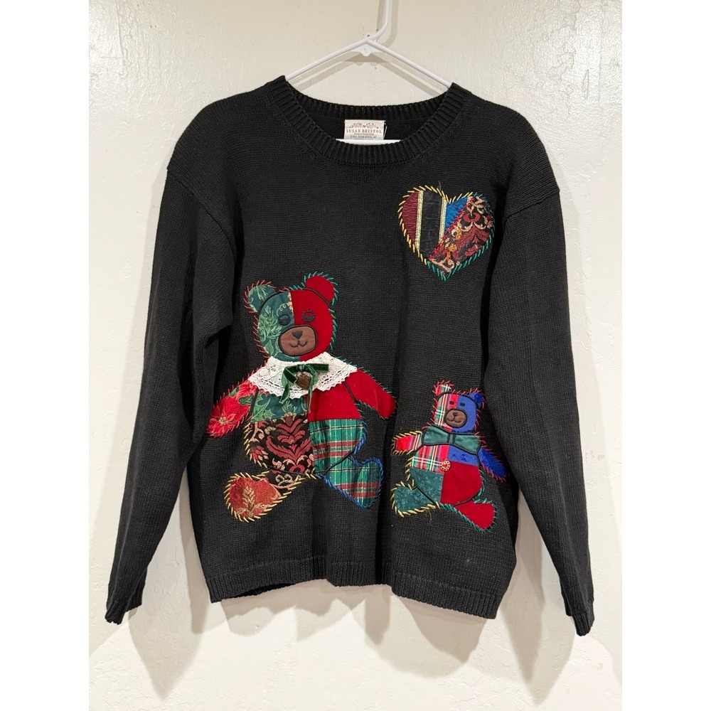 Vintage Susan Bristol 1993 Teddy Bear Patchwork Sweater Black Ramie Cotton Med - Picture 2 of 5